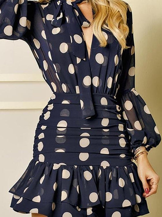 Polka Dot V-Neck Slim Pleated Long Sleeve Dress for Women