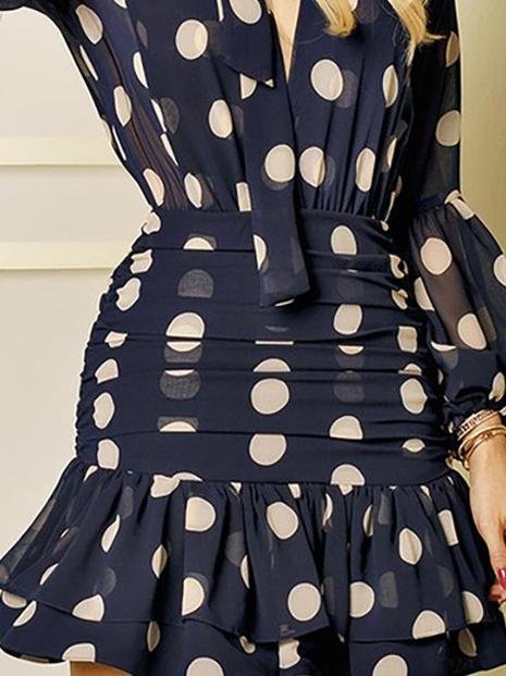 Polka Dot V-Neck Slim Pleated Long Sleeve Dress - LuckyFash™