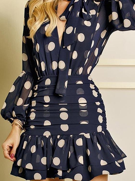 Polka Dot V-Neck Slim Pleated Long Sleeve Dress - LuckyFash™