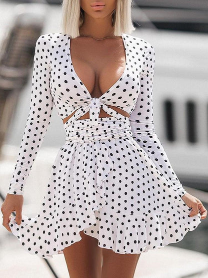 Polkadot Print Long Sleeve Knotted Top & Skirt Set for Women