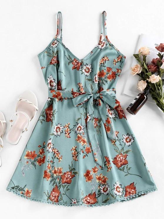 Pompom Floral Print A Line Dress for Women