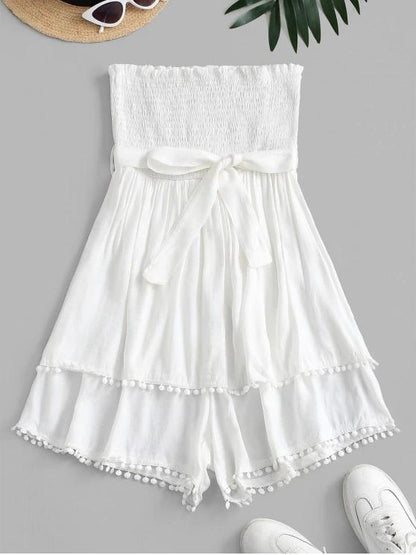 Pompom Trim Smocked Layered Bandeau Romper - LuckyFash™