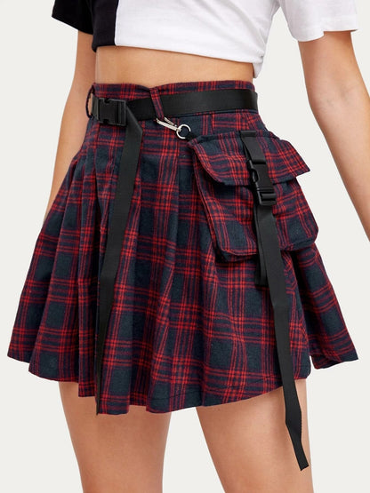 Pouch Side Belted Tartan Skirt for Women