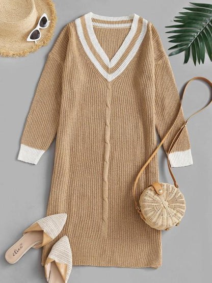 Preppy Stripes Side Slit Sweater Dress for Women