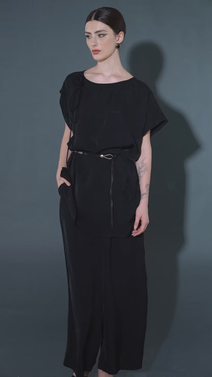 Elegant Black Wide-Leg Pants and Belted Top Set