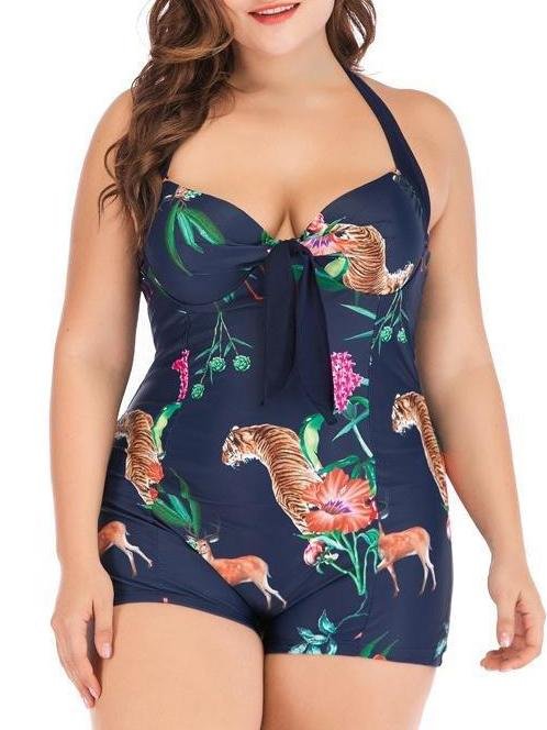 Print Boxer Shorts One-Piece Plus Size Swimsuit - LuckyFash™