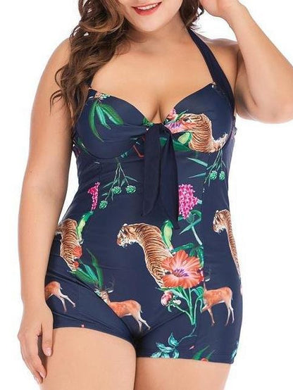 Print Boxer Shorts One-Piece Plus Size Swimsuit for Women