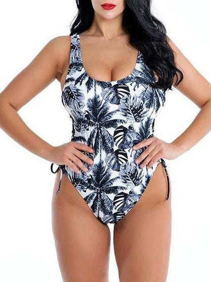 Print Side Strappy Plus Size One Piece Swimsuit for Women