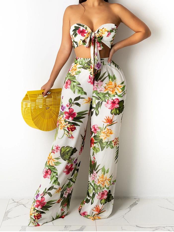 Printed Lace-Up Tube Top & Trousers Two-Piece Suit - LuckyFash™