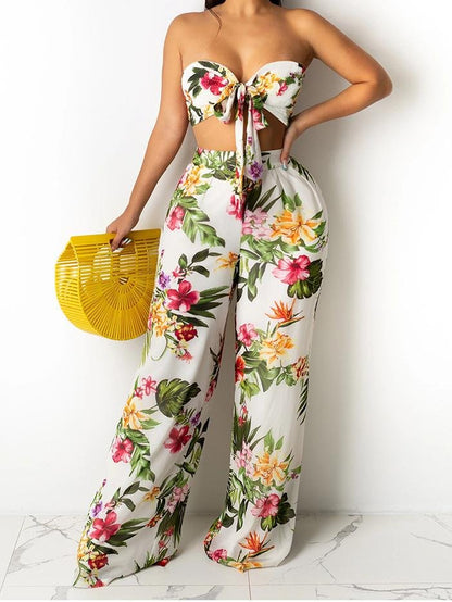 Printed Lace-Up Tube Top & Trousers Two-Piece Suit for Women