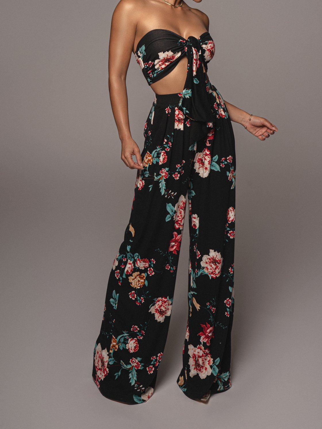 Printed Lace-Up Tube Top & Trousers Two-Piece Suit for Women