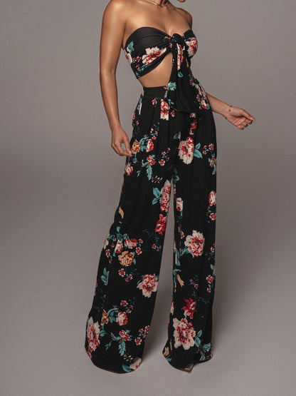 Printed Lace-Up Tube Top & Trousers Two-Piece Suit - LuckyFash™