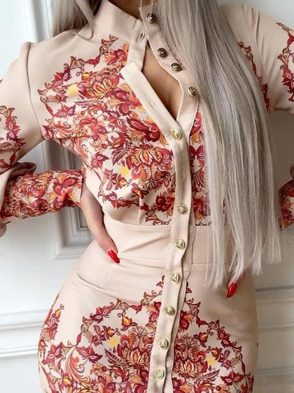 Printed Lapel Collar Long Sleeve Dress - LuckyFash™