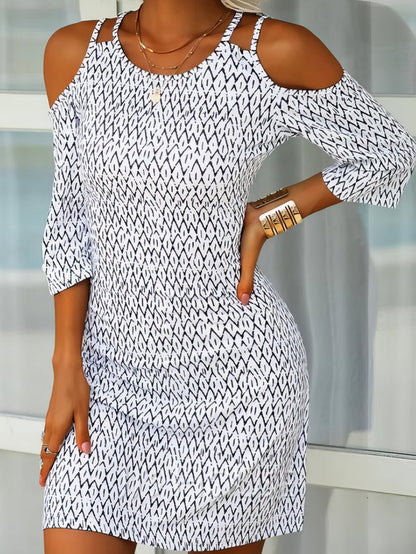 Mini Dresses - Printed Mid-Sleeve Off The Shoulder Dress - MsDressly