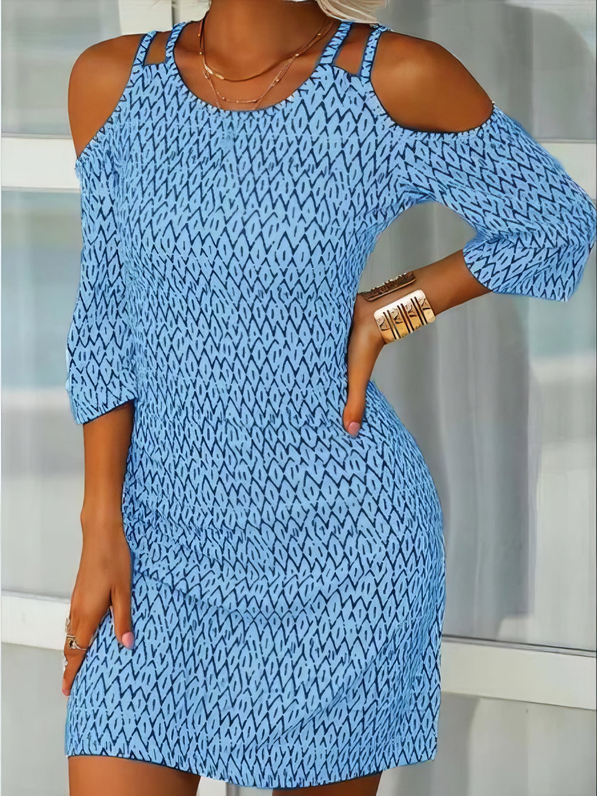 Mini Dresses - Printed Mid-Sleeve Off The Shoulder Dress - MsDressly