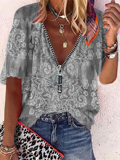 Blouses - Printed Mid-sleeve Zipper Loose Shirt - MsDressly