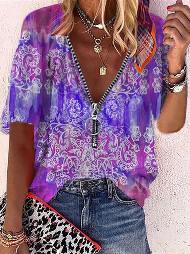 Blouses - Printed Mid-sleeve Zipper Loose Shirt - MsDressly