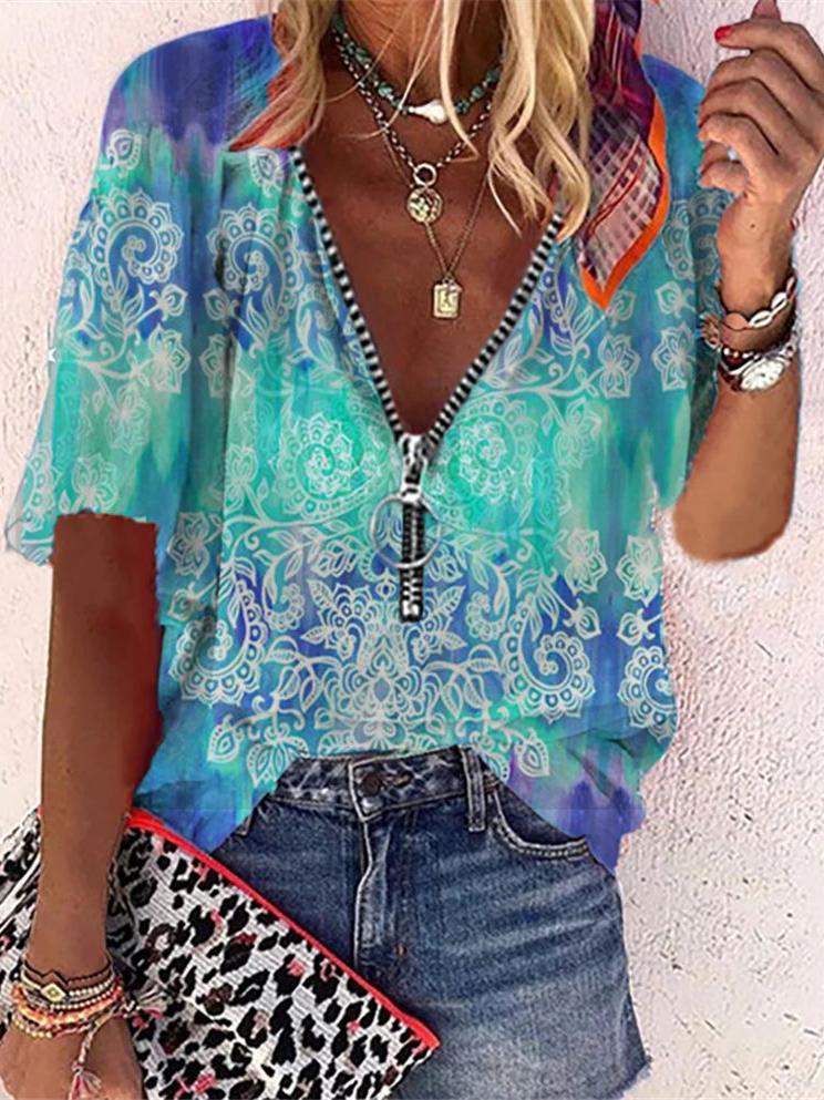 Printed Mid-sleeve Zipper Loose Shirt