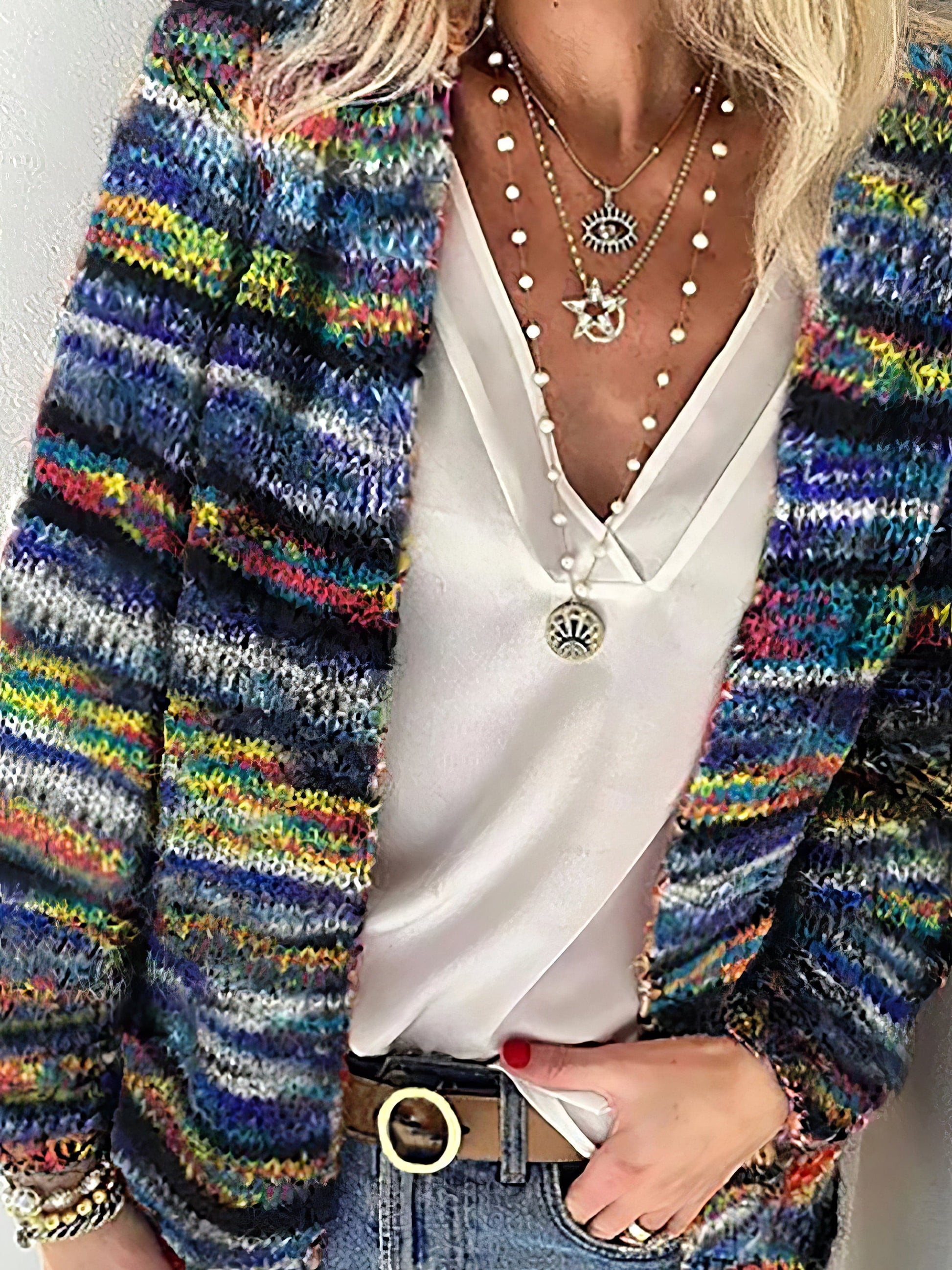 Printed Multicolor Striped Commuter Slim Cardigan