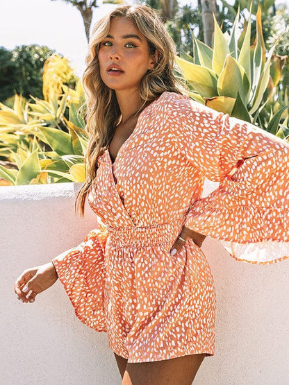 Printed Orange Long-sleeved Jumpsuit with Wide-leg Shorts for Women