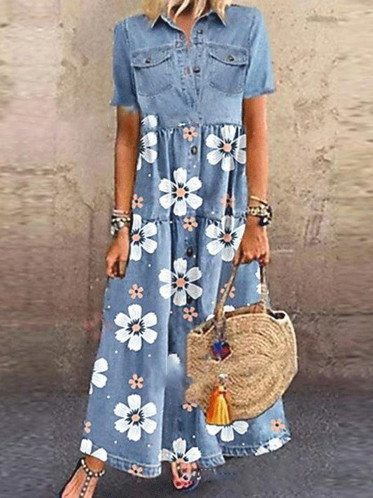 Printed Short Sleeve Button Dress for Women