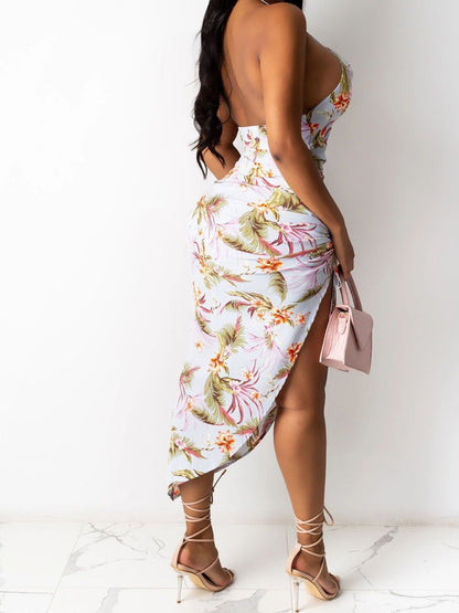 Printed Slit Pleated Open Back Halterneck Dress - LuckyFash™