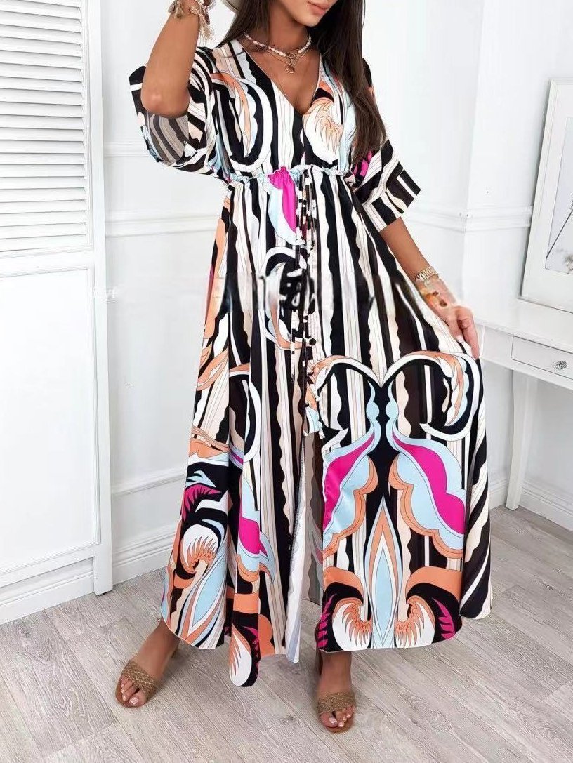 Printed V-neck Mid-sleeve Dress - LuckyFash™