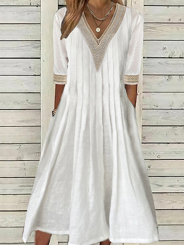 Women's Casual Dress Cotton Linen Dress Swing Dress Midi Dress Cotton Blend Fashion Basic Outdoor Daily Vacation V Neck Patchwork Pocket Half Sleeve Summer Spring Fall 2023 Regular Fit White Pure - LuckyFash™