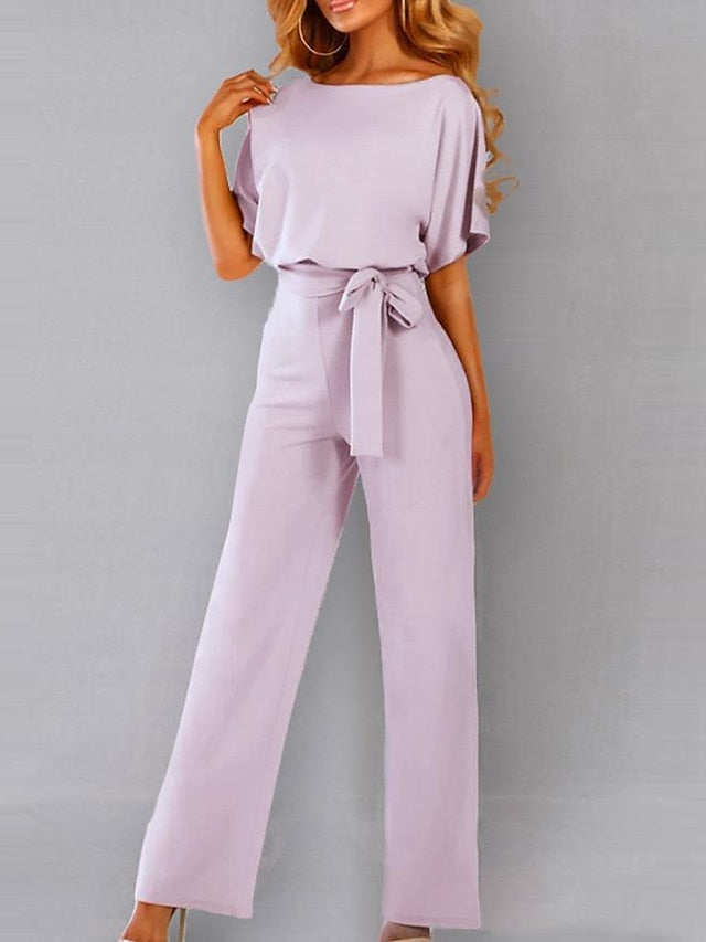 Women's Belted Jumpsuit Long Wide Leg Pant Party Romper Jumpsuits Casual Loose Short Sleeve Playsuits With Belts