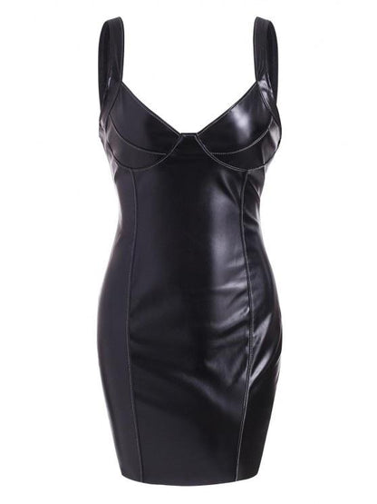 PU Leather Slinky Topstitching Bodycon Bustier Dress for Women