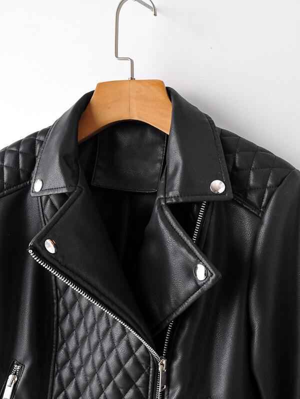 PU Zip Detail Belted Moto Jacket - LuckyFash™