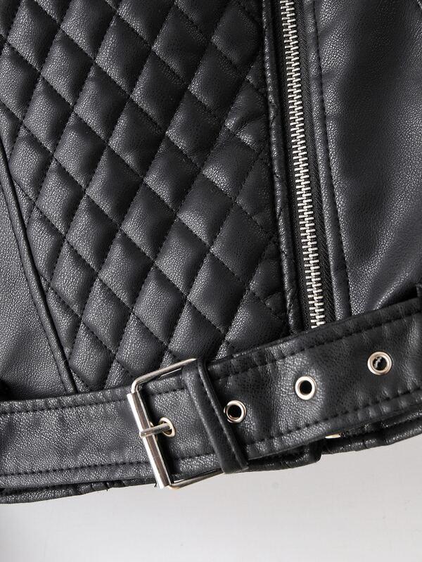 PU Zip Detail Belted Moto Jacket - LuckyFash™