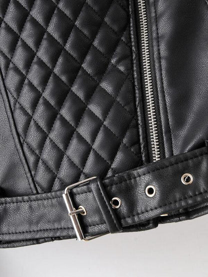 PU Zip Detail Belted Moto Jacket - LuckyFash™