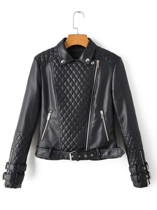 PU Zip Detail Belted Moto Jacket for Women