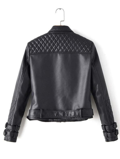 PU Zip Detail Belted Moto Jacket - LuckyFash™