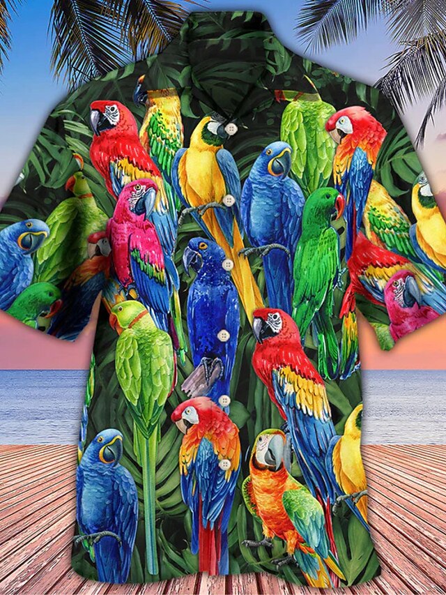 Men's Shirt Summer Hawaiian Shirt Camp Collar Shirt Graphic Shirt Aloha Shirt Parrot Turndown Yellow Light Green Pink Red Blue 3D Print Outdoor Street Short Sleeve Button-Down Clothing Apparel - LuckyFash™