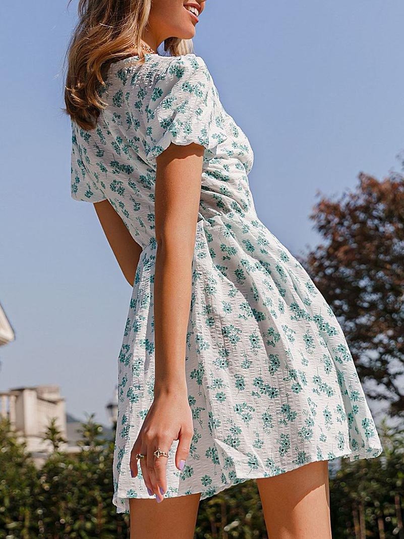 Puff Sleeve Button Front Floral Print Dress - LuckyFash™