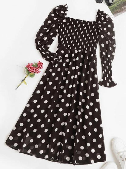 Puff Sleeve Polka Dot Smocked Milkmaid Dress - LuckyFash™