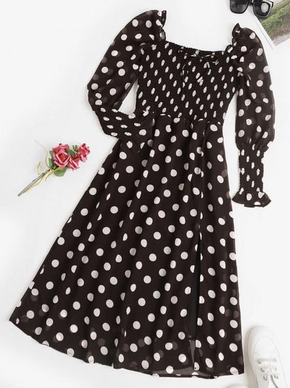 Puff Sleeve Polka Dot Smocked Milkmaid Dress for Women