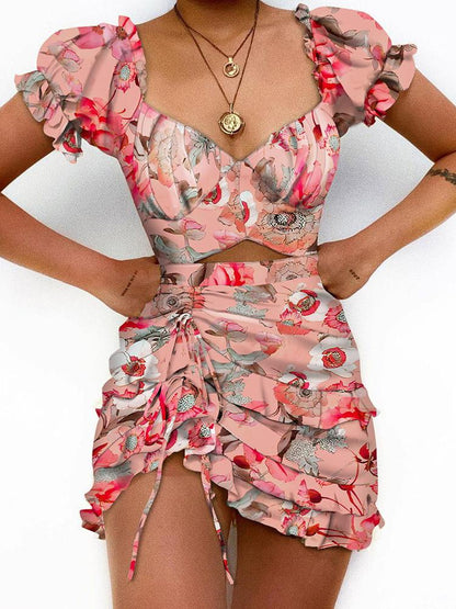 Puff Sleeve Ruched Drawstring Floral Print Dress - LuckyFash™