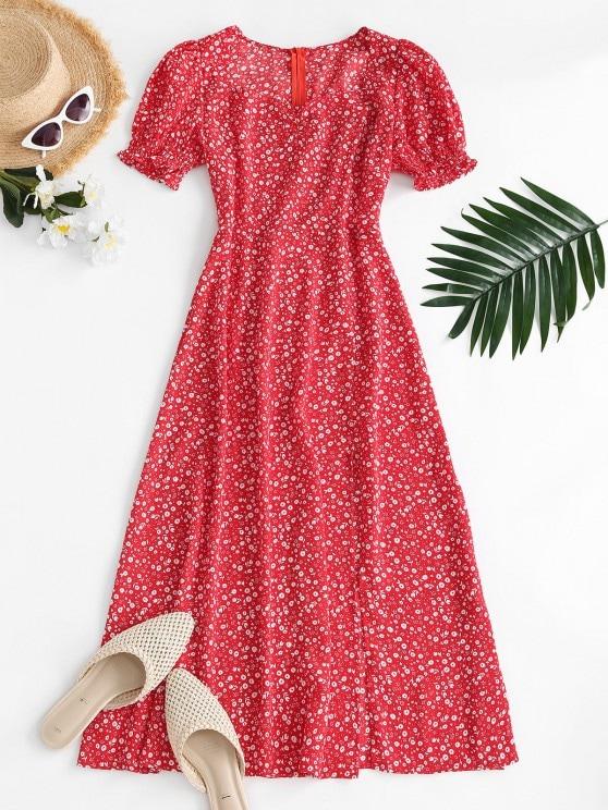 Puff Sleeve Ruched Slit Ditsy Floral Dress - LuckyFash™