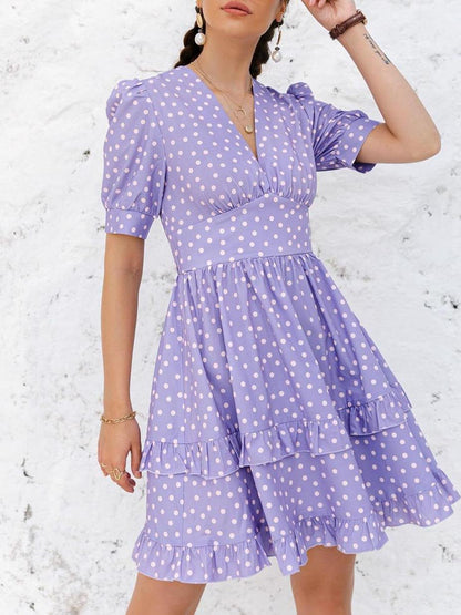 Puff Sleeve Ruffle Trim Polka Dot Dress for Women