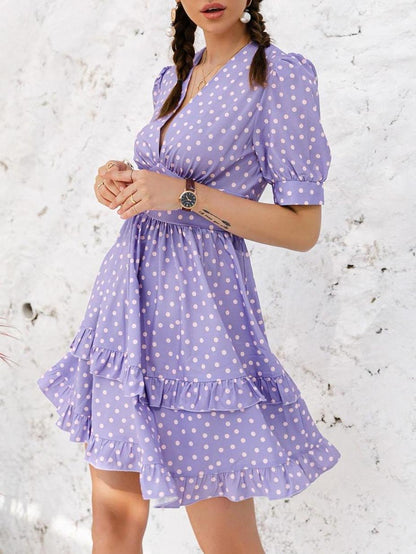 Puff Sleeve Ruffle Trim Polka Dot Dress - LuckyFash™