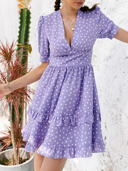 Puff Sleeve Ruffle Trim Polka Dot Dress - LuckyFash™