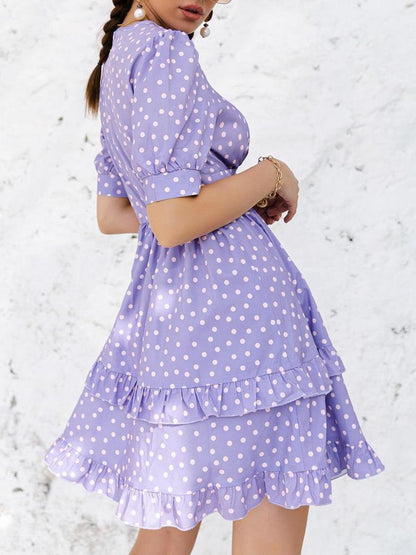 Puff Sleeve Ruffle Trim Polka Dot Dress - LuckyFash™