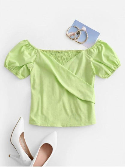 Puff Sleeve Shirred Surplice Blouse - LuckyFash™