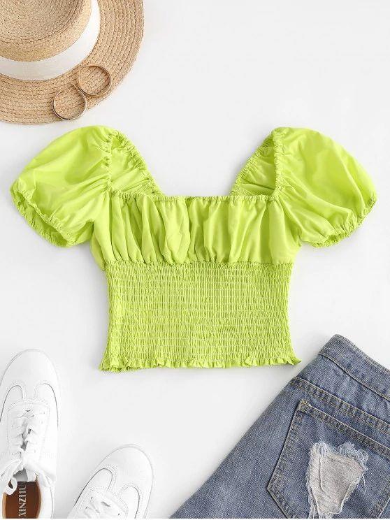 Puff Sleeve Smocked Crop Top - LuckyFash™