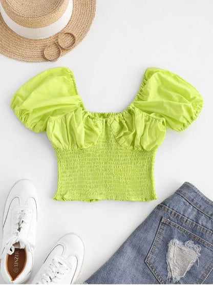 Puff Sleeve Smocked Crop Top for Women