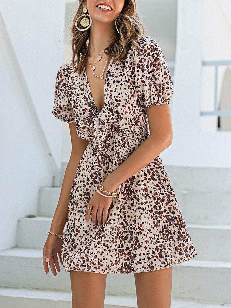 Puff Sleeve Tie Front Allover Print Dress - LuckyFash™