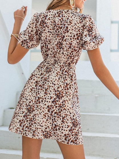 Puff Sleeve Tie Front Allover Print Dress - LuckyFash™